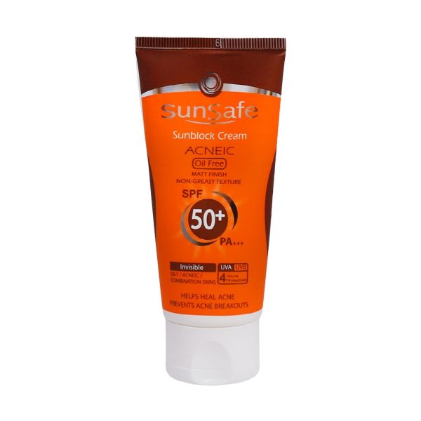 کرم ضد آفتاب بی رنگ فاقد چربی SPF50 سان سیف مناسب پوست های چرب و آکنه ای ۵۰ گرمی